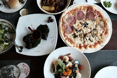 High angle view of breakfast served on table