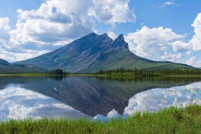 Scenic view of lake and mountains against sky