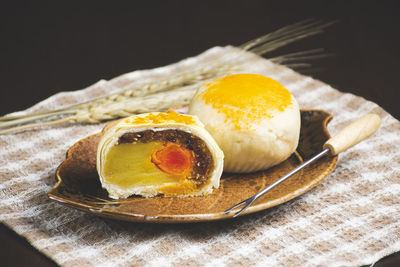 Close-up of breakfast served on table