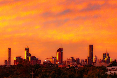 Modern buildings against sky during sunset