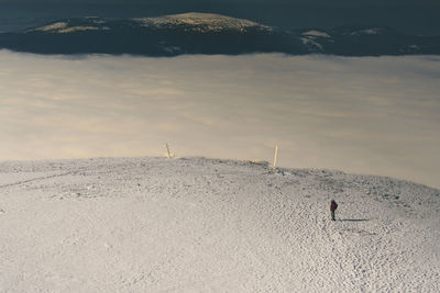 Rear view of man walking on beach against sky during sunset