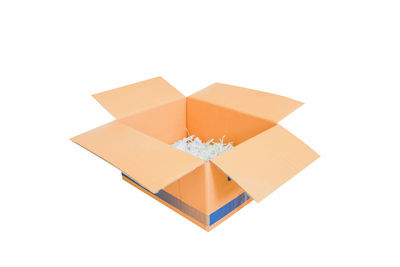 High angle view of paper box on white background