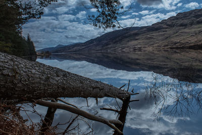 Scenic view of lake by snowcapped mountains against sky