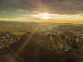 High angle view of landscape against sky during sunset