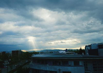 Panoramic view of city against storm clouds