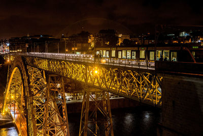 Illuminated bridge over river at night