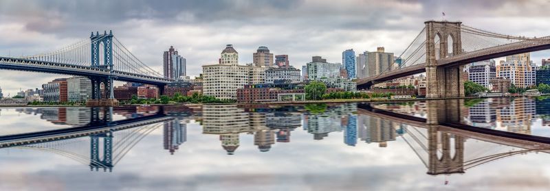 Bridge over river with buildings in background