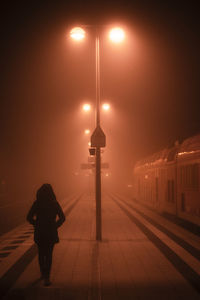 Rear view of woman walking on illuminated street at night