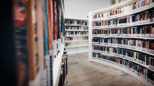 View of books in library