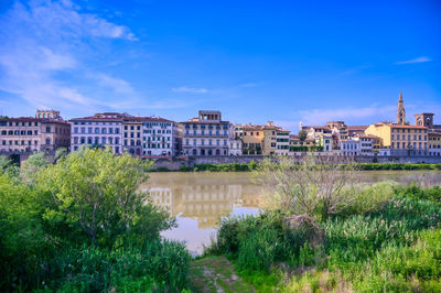 Buildings by river against blue sky