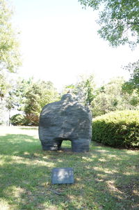 Stone in cemetery against clear sky