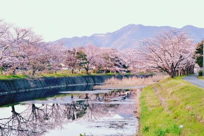 Scenic view of river by mountains against clear sky