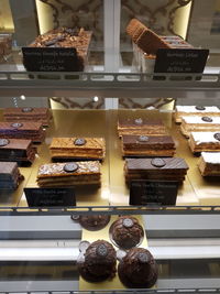 High angle view of chocolate cake in store