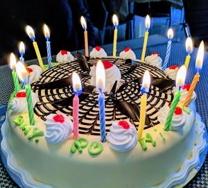 Multi colored candles on birthday cake