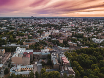 High angle view of townscape against sky at sunset