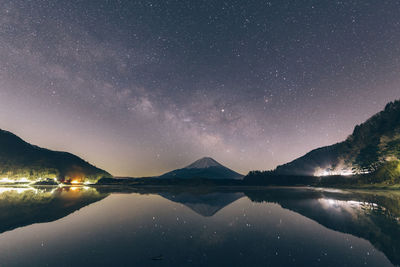 Reflection of mountains in lake against sky at night