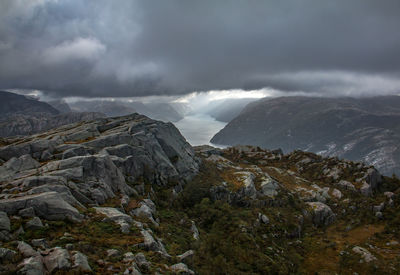 Scenic view of mountains against cloudy sky