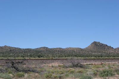 Scenic view of field and mountains against clear blue sky