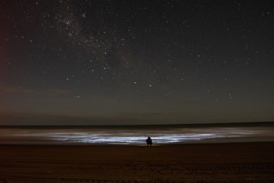 Photograph of a man by the sea in buenos aires, argentina looking at the orion's belt