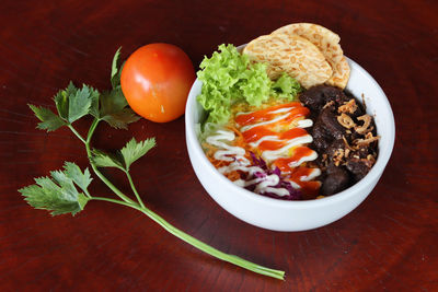 High angle view of breakfast served on table