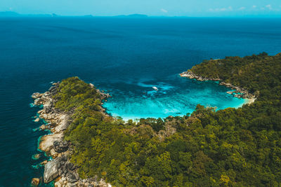 High angle view of bay against clear sky