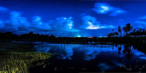 Panoramic view of lake against sky at night