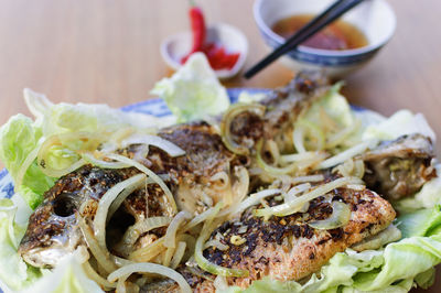 Close-up of noodles in plate on table