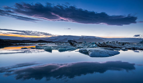 Scenic view of frozen lake against sky during sunset