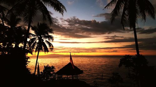 Silhouette palm trees on beach against sky during sunset