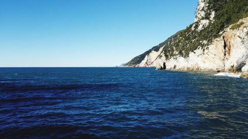 Scenic view of sea against clear blue sky