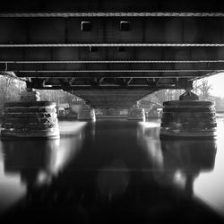 Reflection of bridge in water on table