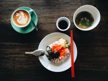 High angle view of breakfast on table