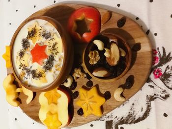 High angle view of dessert in plate on table