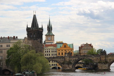 View of buildings in city against cloudy sky