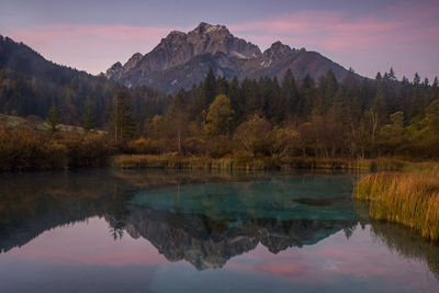 Reflection of trees in lake against sky during sunset