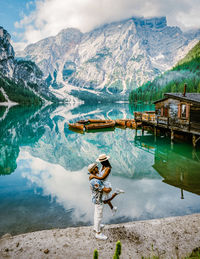 Prager wildsee, spectacular romantic place with typical wooden boats on the alpine lake, lago di