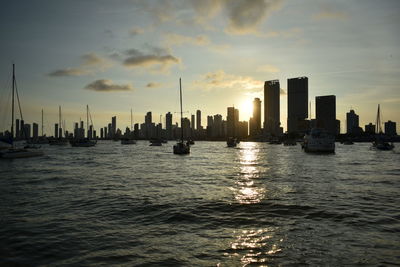 City at waterfront during sunset