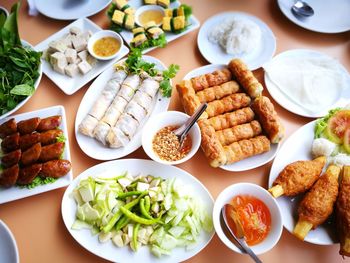 High angle view of asian food on table