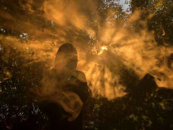 Silhouette man amidst smoke against trees in forest at night