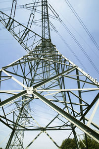 Low angle view of electricity pylon against sky