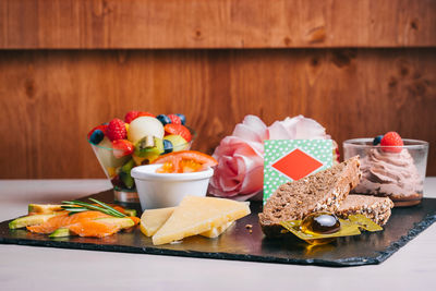 Close-up of breakfast served on table