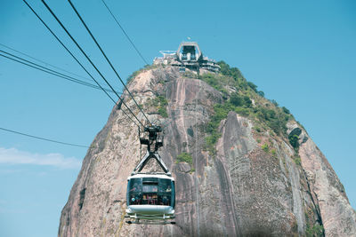 Low angle view of overhead cable car against blue sky