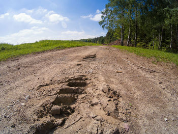 Dirt road amidst field against sky