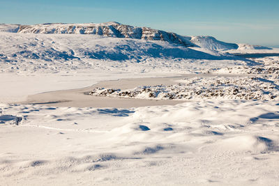 Scenic view of snow mountains against sky