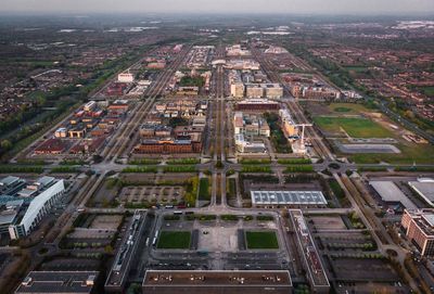 High angle view of buildings in city