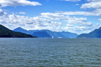 Scenic view of sea and mountains against sky