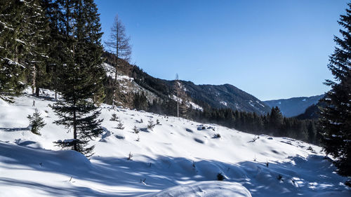 Scenic view of snowcapped mountains against clear blue sky