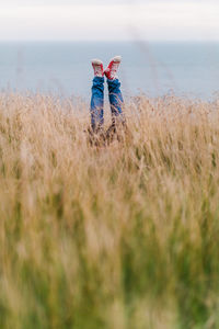 Low section of person amidst plants on field