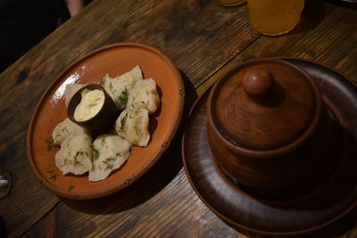 High angle view of meal served on table