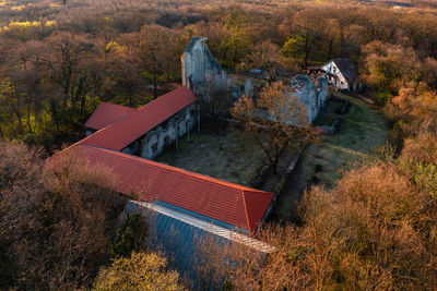 Aerial view about former benedictine monastery and church ruins. romanesque age architecture.